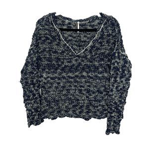 Free People Sweater Women's Large Blue White Knit Linen Blend